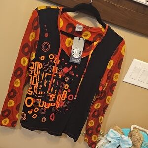 Desigual Black and Orange Graphic Asymmetrical Blouse